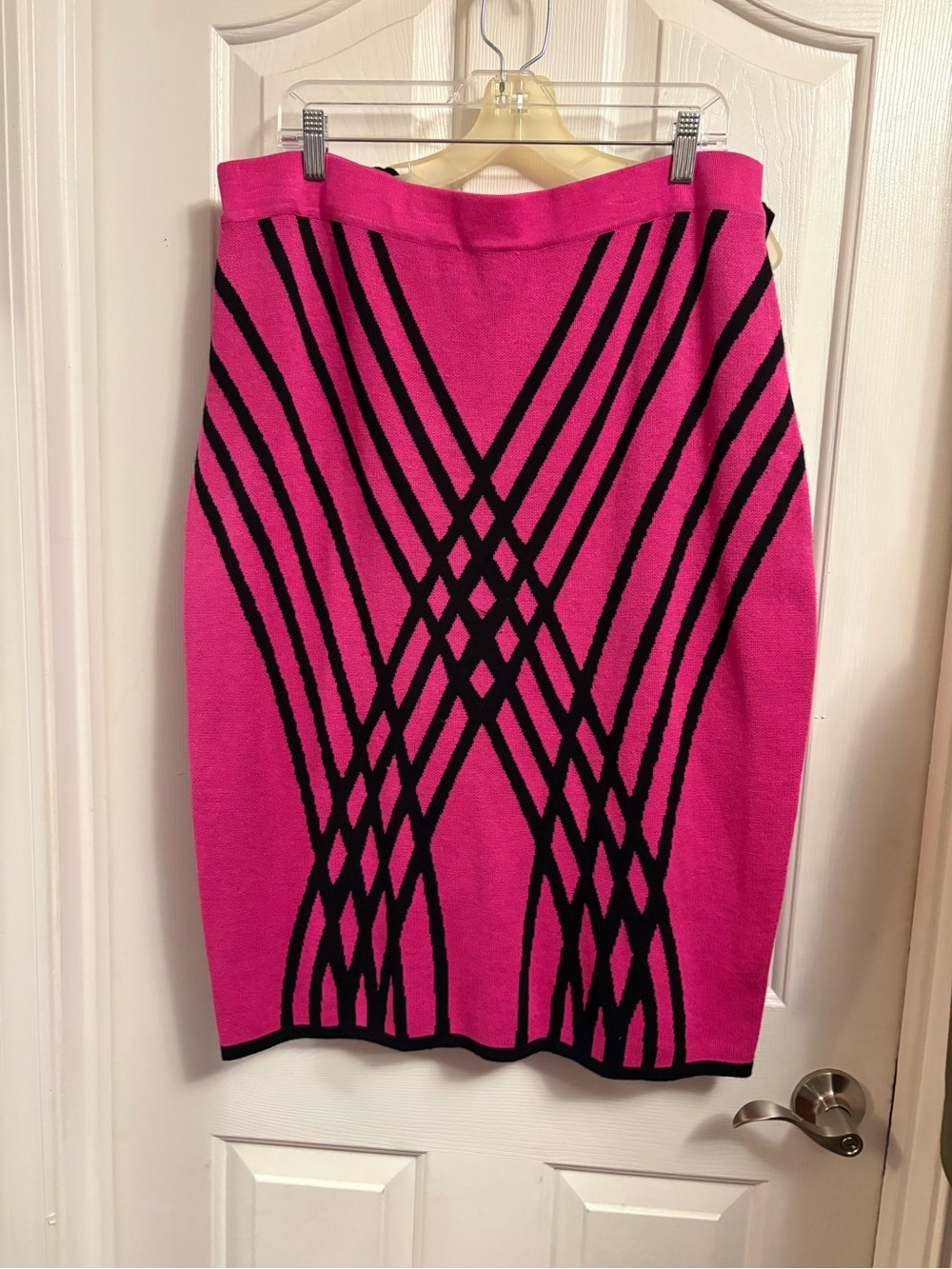 Bright Pink Pencil Skirt with Black Geometric Pattern